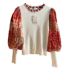 Fate Cream Knit Patchwork Bubble Sleeve Pullover Sweater Size Small NEW
